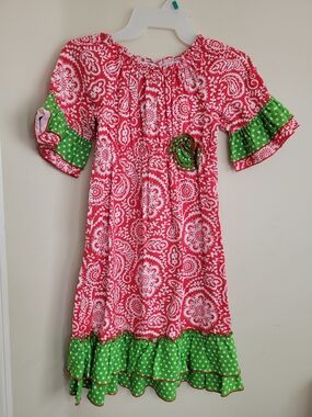 Girls' Pink Paisley Casual Peasant Dress with Green Polka Dot Trim